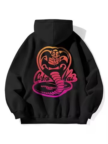 Men Hoodie Oversized Cobra Kai Gradient Logo Graphic Pullover Retro Streetwear Sweatshirt, Back Prin