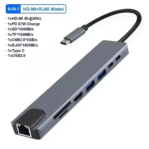 USB 3.0 Hub For Laptop Adapter PC Computer PD Charge Dock Station RJ45 HDMI-compatible TF/SD Card No