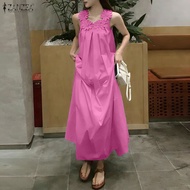 ZANZEA Korean Style Women Holiday Girlish Plain Sleeveless A-Line Dresses Crew Neck 3D Flowers Long 