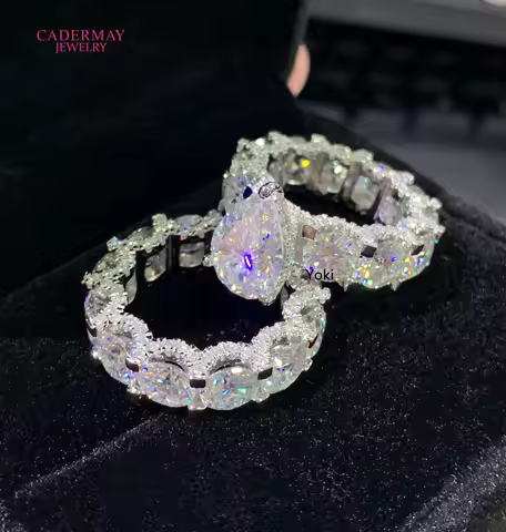 Cadermay Luxury 5ct Pear Cut D VVS Moissanite Ring with 6mm Round Moissanite Diamond Eternity Band M