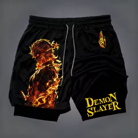 Demon Slayer Anime New Co-branded Printed 2-in-1 Sports Shorts 2025 Summer Fashion Fitness Swimming 
