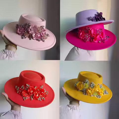 9.5cm Brim Fedora Hat 3D Rhinestone Flower Fedora Women's Jazz Hat Panama French Elegant Fedora Wedd