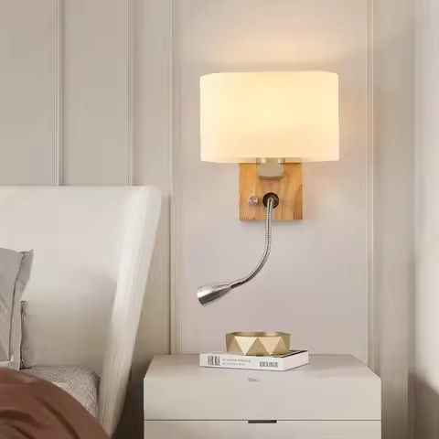 Wooden LED Wall Lamp E27 Fabric Lampshade with Rotatable Angle Spotlight Bedroom Bedside Reading Lig