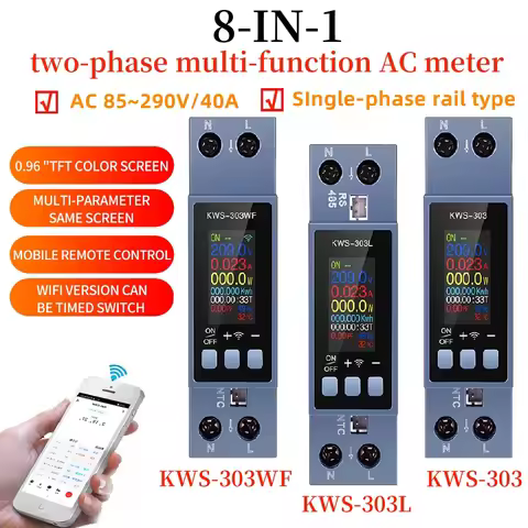KWS-303 Tuya WiFi Power Meter 0.96-inch TFT 8-in-1 Two-Phase AC Voltage Current Power 85-290V/40A Re