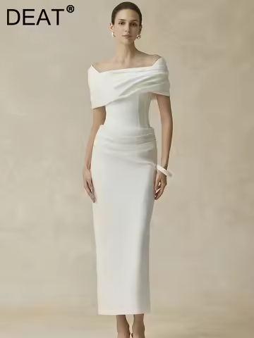 DEAT Elegant Dress Slash Neck Pleated Back Split Slim Hip Warp Long Women's Evening Party Dresses 20