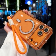 Plating glitter Diamond Magnetic lanyard Case  for iPhone 17 Air 16 Plus 15 14 13 12 Pro max Shockpr
