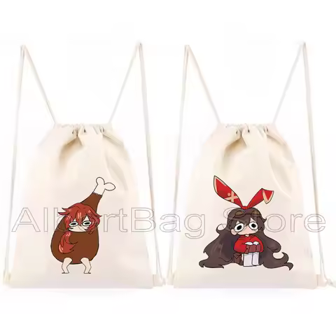 Kawaii Anime Genshin Impact Drawstring Bag Backpack zhongli Hu Tao Chibi Xiao Venti Neuvillette Thom
