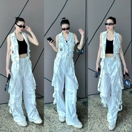 Set thể thao nữ gồm áo Gile cổ bẻin số 23 và quần Jogger ống rộng - chất liệu kaki