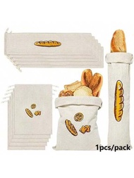 1個亞麻吐司袋，可重複使用的法式麵包和餅乾袋，野餐食品儲存袋，麵包圖案整理袋