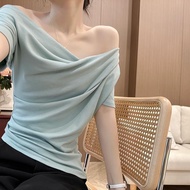 Không thường xuyên mùa hè tinh khiết ngắn tay T-Shirt Niche off-vai Áo Thun cơ bản cho phụ nữ bạc hà