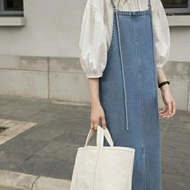 Hot Jumbo Midi Dress Denim Rok Overall Dress Jeans Belah Samping