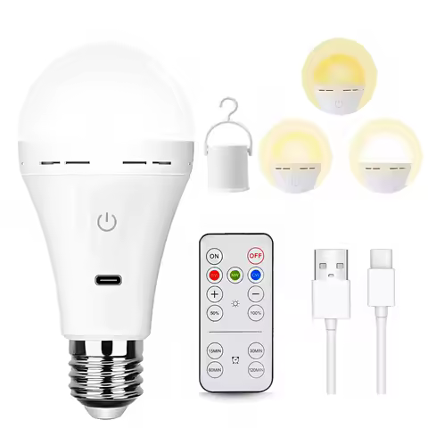 E27 LED Emergency Bulb USB Type C Rechargeable 3000K-6000K Three Color Changing Light Remote Control