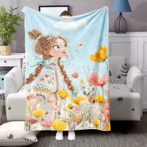 1pc Floral Garden Blanket - Soft Pastel Floral Meadow with Girl & Tulips - Pastel Colors Pink Yellow