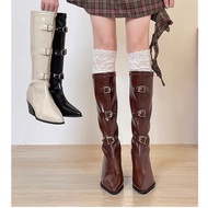 Women's below-the-knee high boots with pointed toe and 3-belt buckle, 6cm high sole with zipper