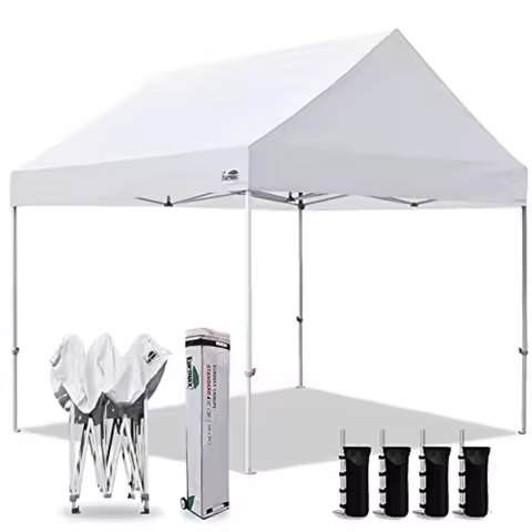 Party tent for outdoor events, snow white polyester fabric, instant pop-up setup with USA patent, in