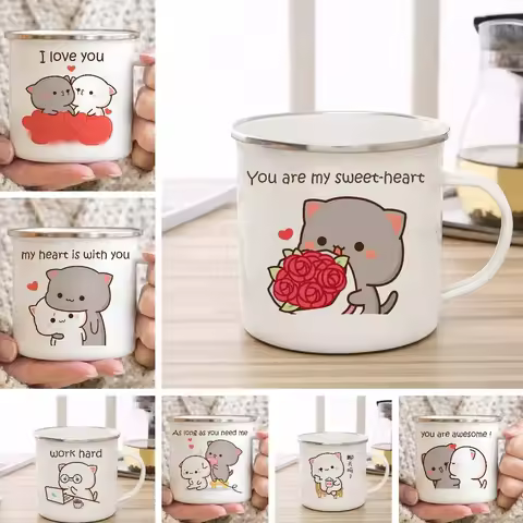 New Peach and Goma cat enamel coffee tea cup cute animal breakfast dessert milk water cup couple gif