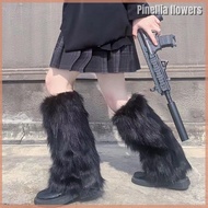 Pinellia flowers ถุงเท้ายาวขนฟูสีขาวนุ่มสำหรับผู้หญิงถุงเท้าให้ความอบอุ่นสำหรับฤดูหนาวถุงเท้ายาวถุงเ