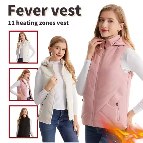 Women's Winter Smart Heated Vest, 11-Zone Heated Vest, USB-Powered Solid-Color Hooded Jacket, Casual