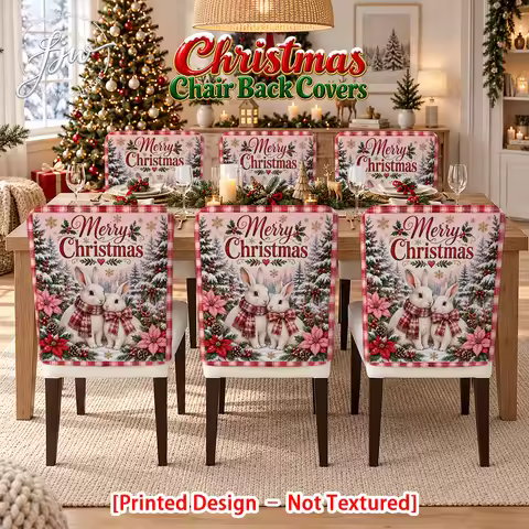 6/4/2pc Christmas Chair Back Covers, Cute Bunny Winter Forest Xmas Chair Slipcovers for Holiday Dini