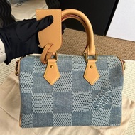 LV路易威登 Speedy 25牛仔丹寧棋盤格 手提包肩背包斜挎包 金扣 芯片款