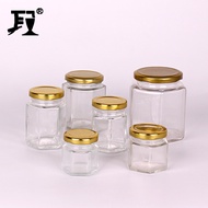 Jar Kaca Hexagonal Tutup Emas / Jar Madu Kedap Udara Anti Bocor / Tempat Bumbu Dapur