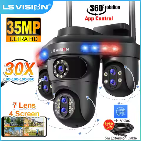 LS VISION 4 Screens 10X Zoom WiFi IP Camera 7Lens 35MP Outdoor Surveillance Camera 360 PTZ Auto Trac