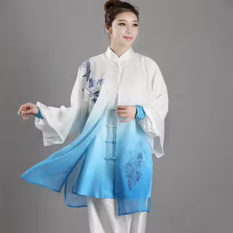 Gradient Color Tai Chi Uniform Traditional Chinese Clothes Embroidered Martial Arts Suit Kung Fu Mor