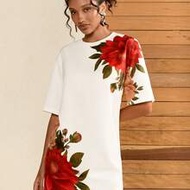 Women's Mini Dress White Red Summer Woven Loose Fit, Crew Neck, Short Sleeves, Bold Oversized Waterc