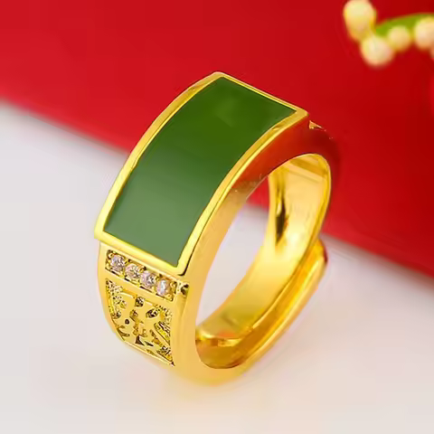 Men's 24K Gold Adjustable Jasper Ring, AU999 | Zircon-accented jade edges, glamorous statement of op