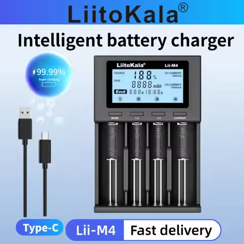 LiitoKala Lii-M4 18650 LCD Battery Charger 4 Slots for 3.7V 26650 18350 21700 18500 1.2V AA AAA - Ca