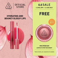 3CE Drop Glow Gel lipstick, non-sticky hydrating formula, bouncy gel-gloss high-shine glow, effortle