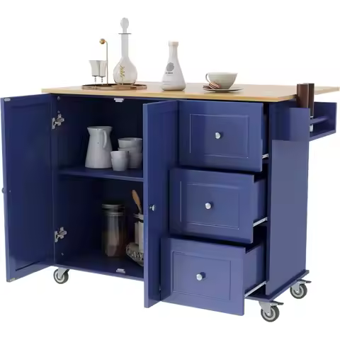 Kitchen Island on Wheels with Drawers, Large Kitchen Cart with Drop Leaf, 52.7 Inch Portable Trolley