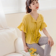 OB Small V Face.v-Neck Wrinkle-Free Narrow-Waist Drawstring Lace Ruffle Sleeve Top < AB16969 > Large