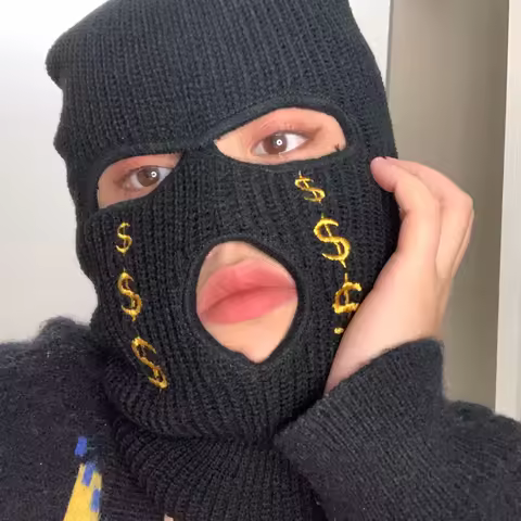 Winter Full Face Cover Gold Money Embroidery Ski Mask Hats For Women Men 3 Holes Balaclava Army Tact