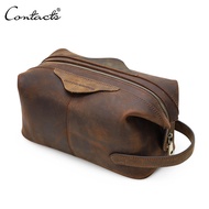 CONTACTS Men Hanging Cosmetic Bag Crazy Horse Leather Travel Makeup Case Zipper Organizer Storage Po