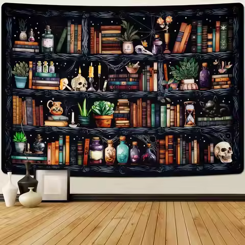 Magical Book Tapestry Goth Skull Vintage Botanical Black Cat Wall Tapestry Hanging for Bedroom Home 