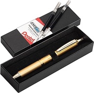 Pentel Energel 0.7 Alloy Rollerball Retractable Liquid Gel Metal Pen - Gold Pen Barrel - Black Ink - Gift Set With 2 Refills for Women, &amp; Men.