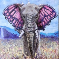 大象耳朵綠色蝴蝶手油畫薩凡納野生動物藝術品