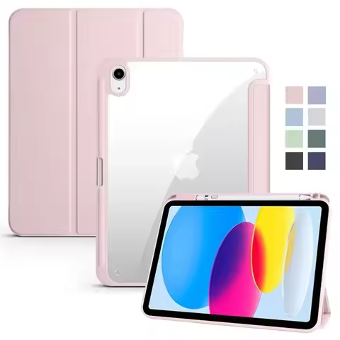 For iPad 10th Gen Case with Pen Holder Trifold Acrylic Clear Back Hard Cover For iPad 10.2 9.7 Air 5
