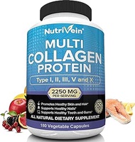 Nutrivein Multi Collagen Pills 2250mg - 180 Collagen Capsules - Type I, II, III, V, X - Anti-Aging, Healthy Joints, Hair, Skin, Bones, Nails, Hydrolyzed Protein Collagen Peptides for Woman and Men