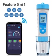 Bluetooth PH Meter EC TDS Salinity TEMP SG เครื่องทดสอบคุณภาพน้ําแบบดิจิตอล 6 in 1 Smart APP Online 