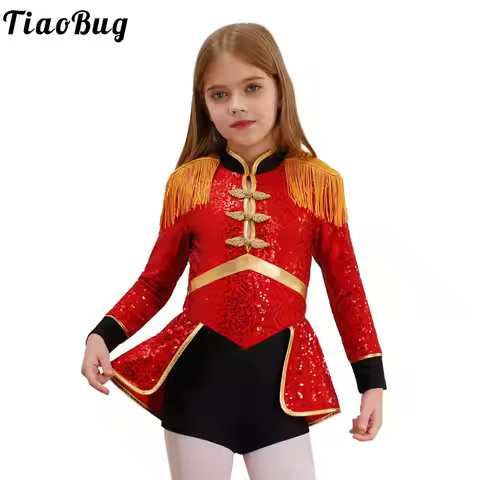 Girls Circus Ringmaster Costumes Long Sleeve Fringe Shoulder Sequins Leotard Jumpsuit Bodysuit Carni