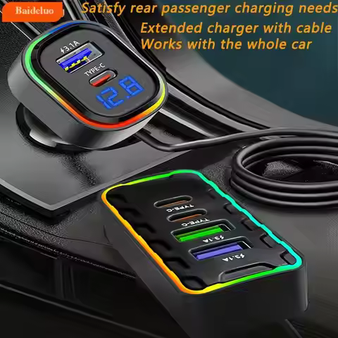 22.5W Fast Car Charger 7-Port Expansion Simultaneous Front and Rear Charging Type-C USB Family Trave