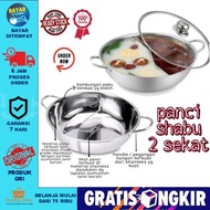 Panci Shabu 2 Sekat 28cm Tutup Kaca Suki Pan Hot Potpanci sabu 2 sekat Sisi Bahan Stainless Tebal / 