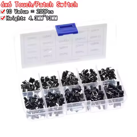 10 Value= 200pcs 6*6 Tact Switch Tactile Push Button Switch Kit, Height: 4.3MM~13MM DIP 4P Micro Swi