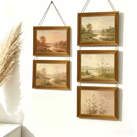 Antique Gold Hanging Picture Frame Collage 3-Tier Vertical Multi Photo Frames with Rope Victorian St