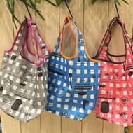 日本 Ecoute! minette 灰紅藍色尼龍布 貓貓圖案 可摺疊 手挽袋