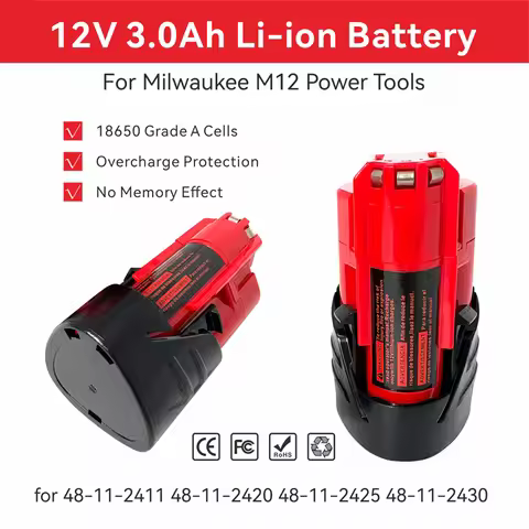 12V 3.0Ah Rechargeable Lithium-Ion Battery for Milwaukee M12 Replacement 48-11-2411 48-11-2420 48-11