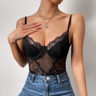 Y2k Hot Girl Sweet Cool Pure Desire Style Little Red Book Collision Black Lace Eyelashes Mesh Hollow Jumpsuit Camisole Vest Short Top Inner Wear Outer Wear Beautiful Back Underwear-Free Bra Fishbone Bra Sports Casual Style Retro Nightclub Wrapped Breast E