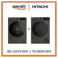 Hitachi BD-100YFVEM Front Loading - Washer Steam &amp; Hygiene Easy Iron Inverter + Hitachi TD-80XFVEM Tumble Dryer